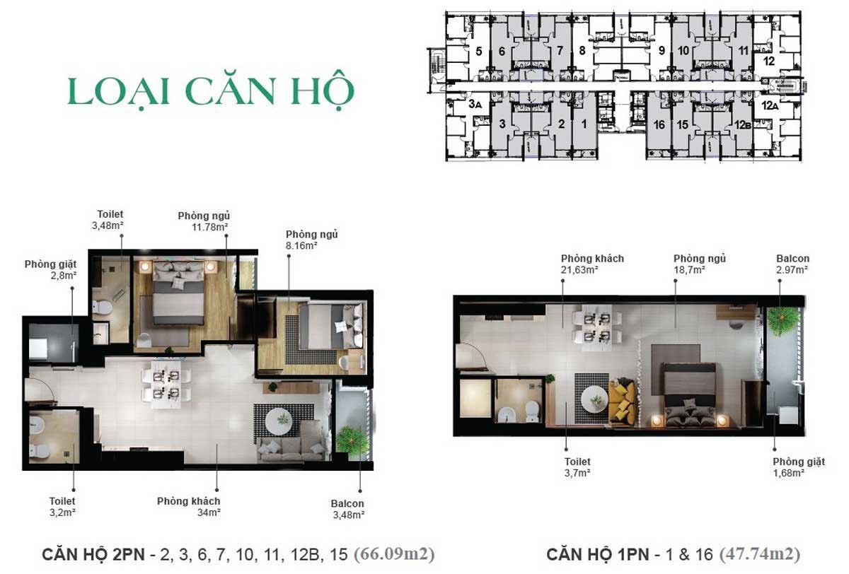 Thiết kế căn hộ 1 và 2 phòng ngủ