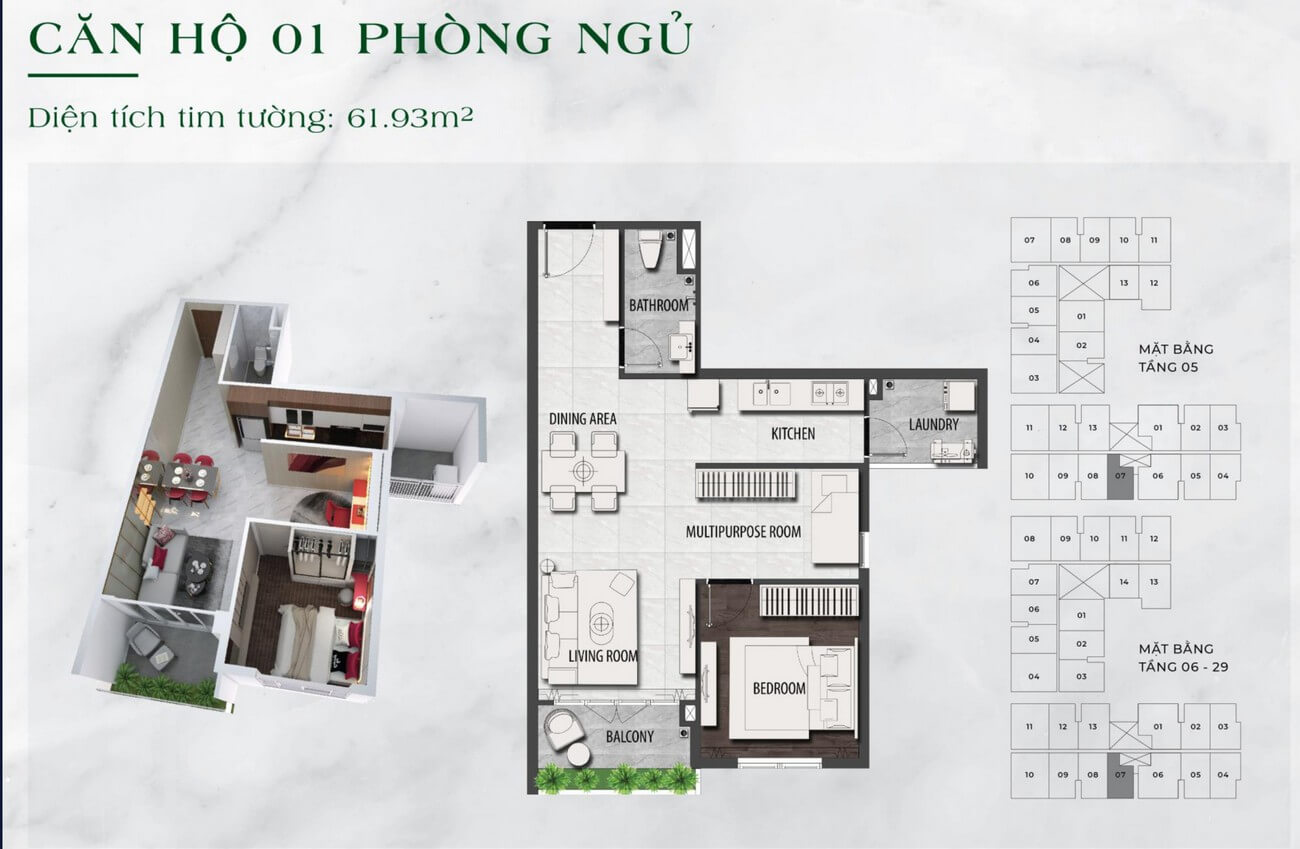 Bản vẽ thiết kế căn hộ 1 phòng ngủ