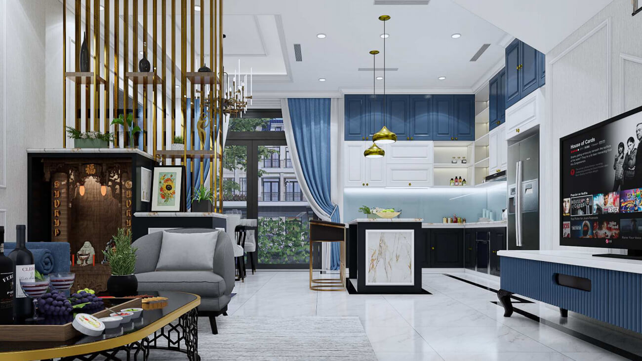Bếp thiết kế tinh tế với gam màu sáng