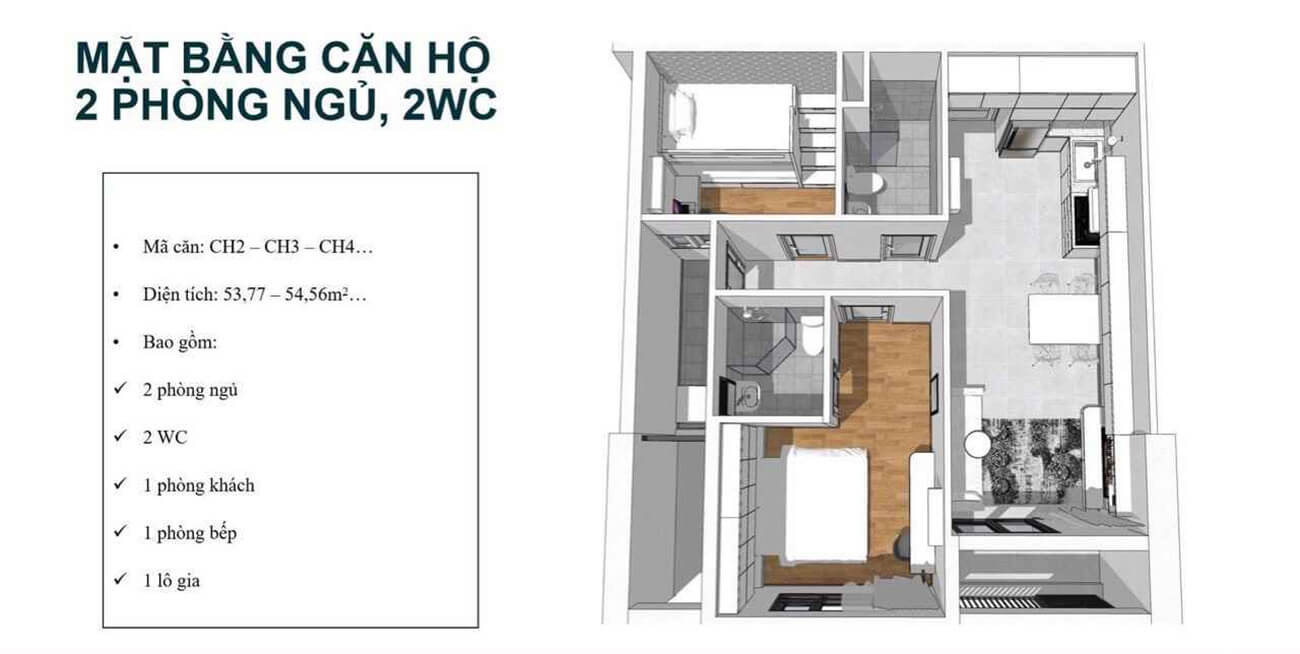 Mặt bằng căn hộ 2 PN - 2 WC