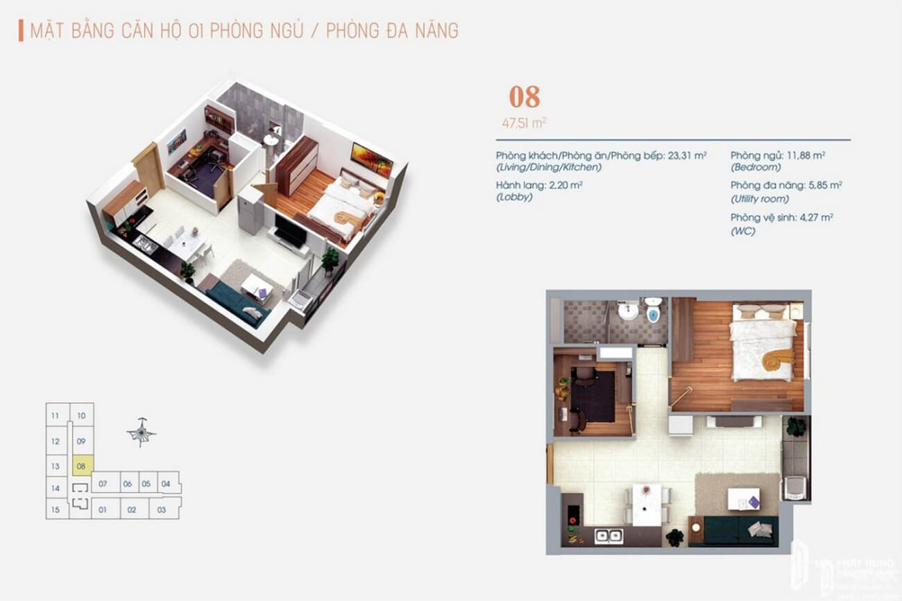 Mặt bằng căn hộ 1 phòng ngủ