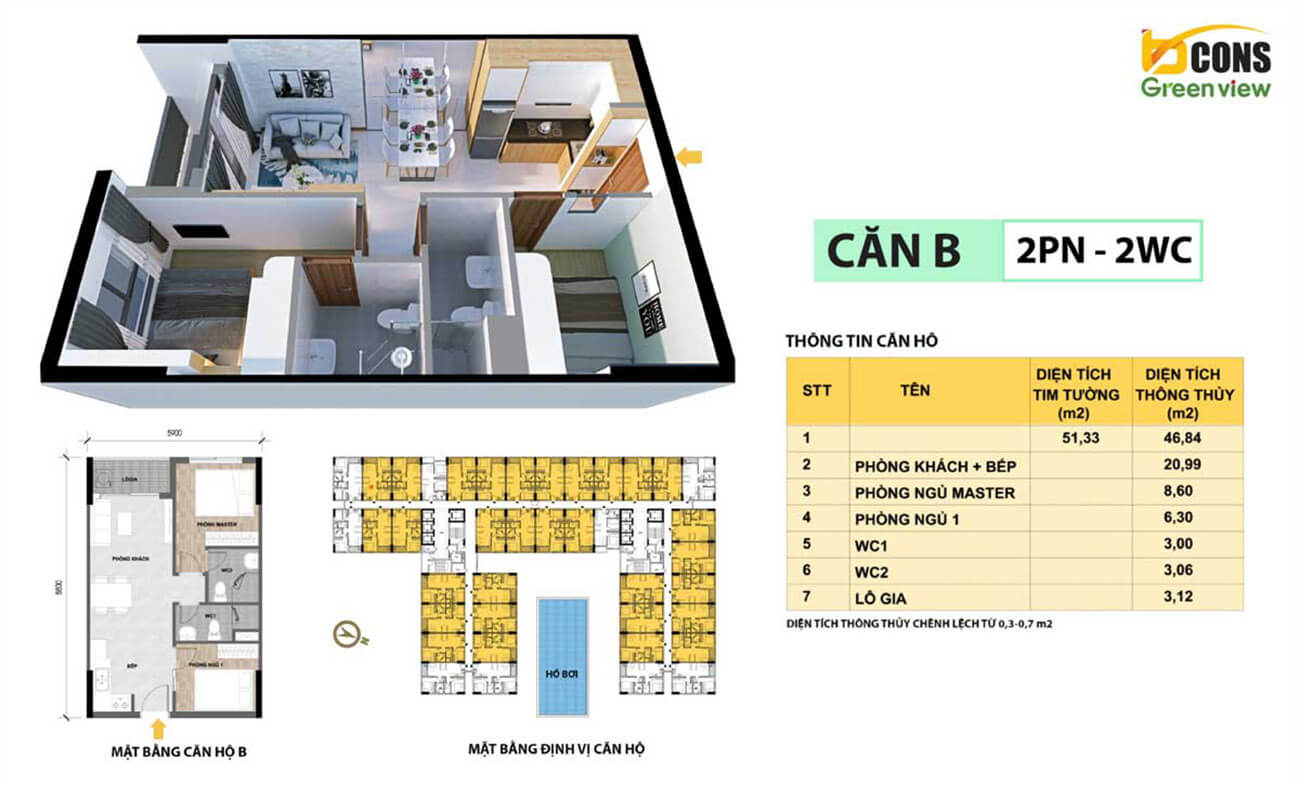 Thiết kế mặt bằng căn hộ 2PN
