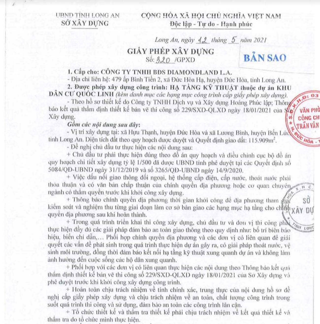 Giấy phép xây dựng Khu đô thị The Diamond City Bến Lức Long An