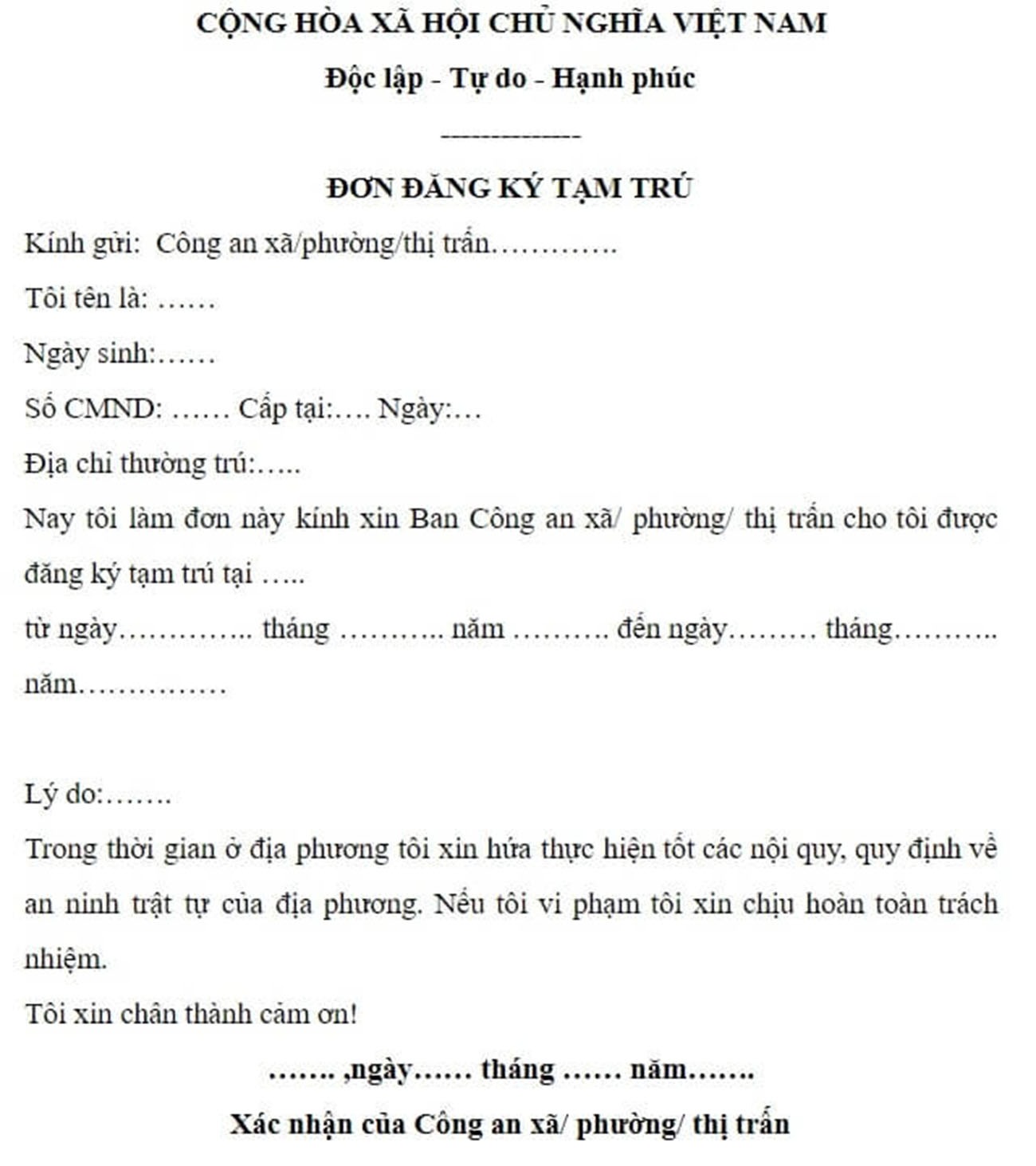 Mẫu đơn đăng ký tạm trú KT3 theo pháp luật