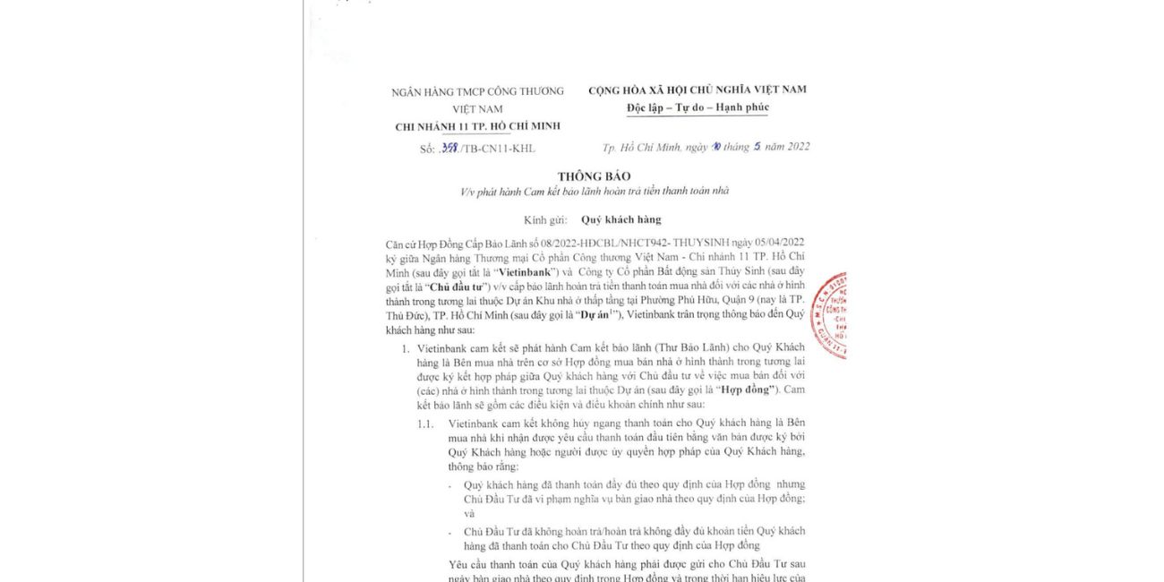 Thông báo v/v phát hành cam kết bảo lãnh hoàn trả tiền thanh toán nhà
