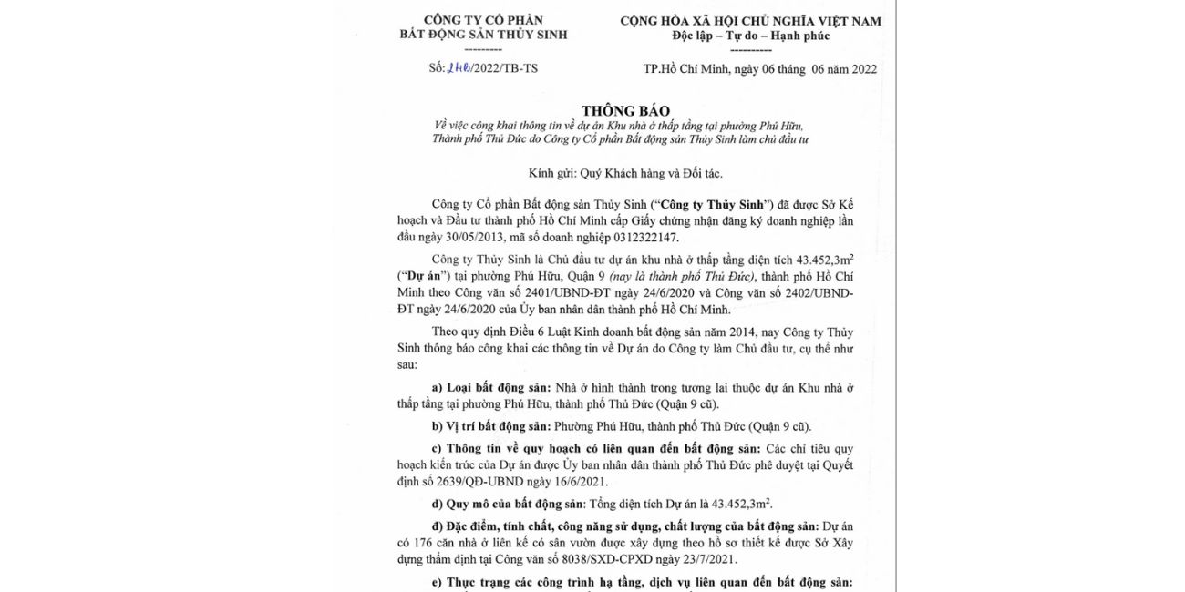 Thông báo công khai thông tin dự án The Classia Quận 9