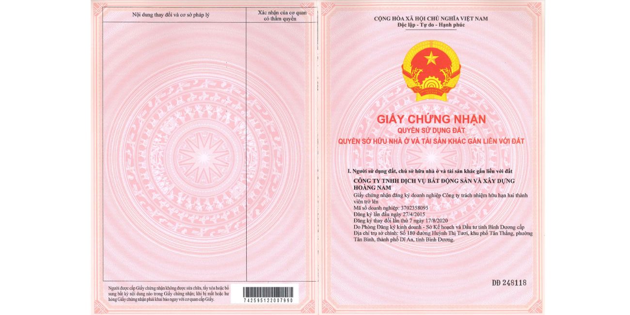 Giấy chứng nhận quyền sử dụng đất của dự án Honas Residence