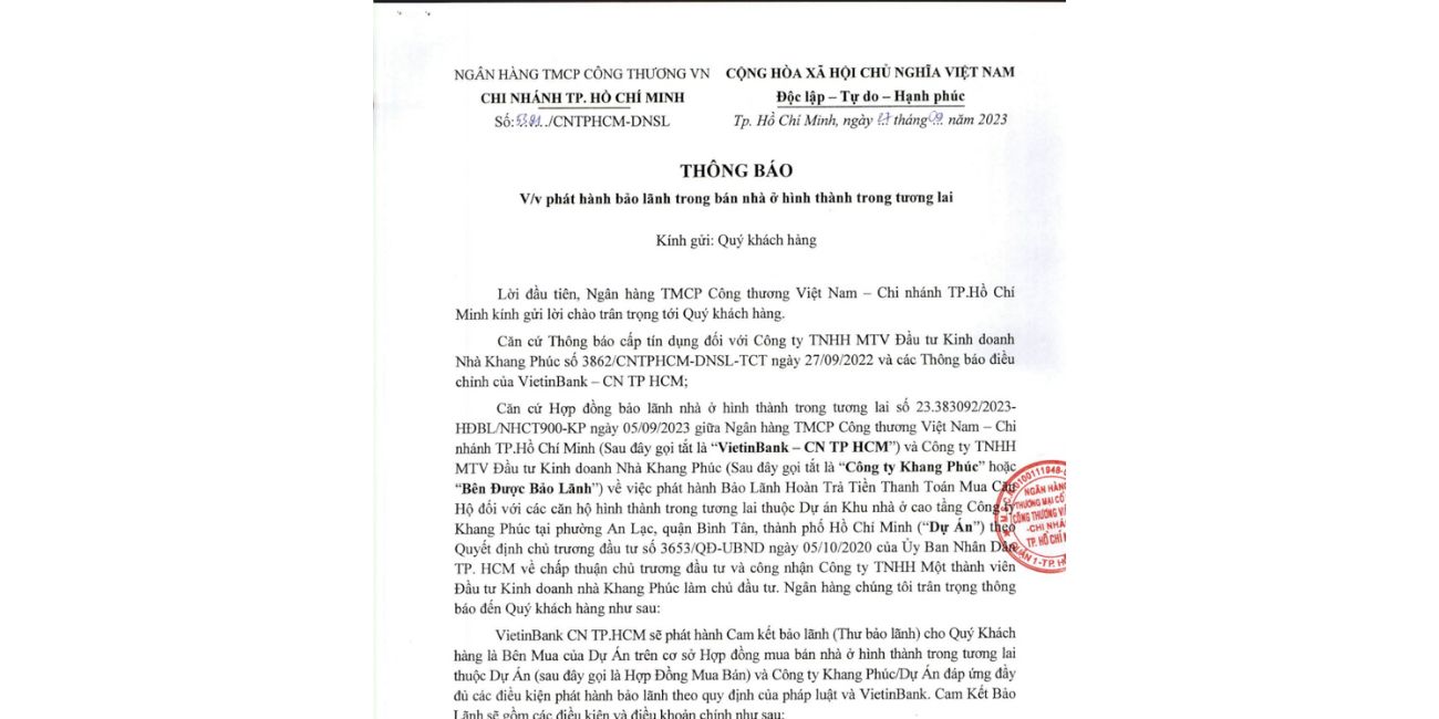 Thông báo V/v phát hành bảo lãnh trong bán nhà ở hình thành trong tương lai