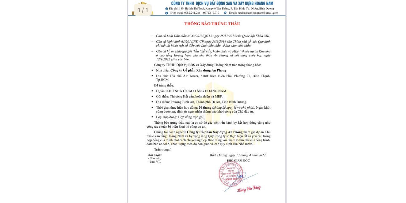 Thông báo trúng thầu dự án Honas Residence